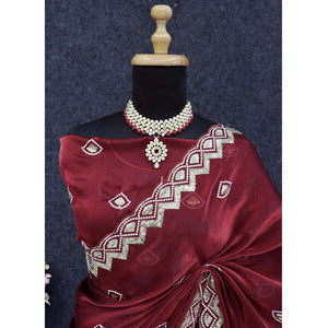 Maroon Sequins Embroidered Satin Saree
