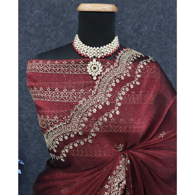 Maroon Embroidered Chiffon Saree