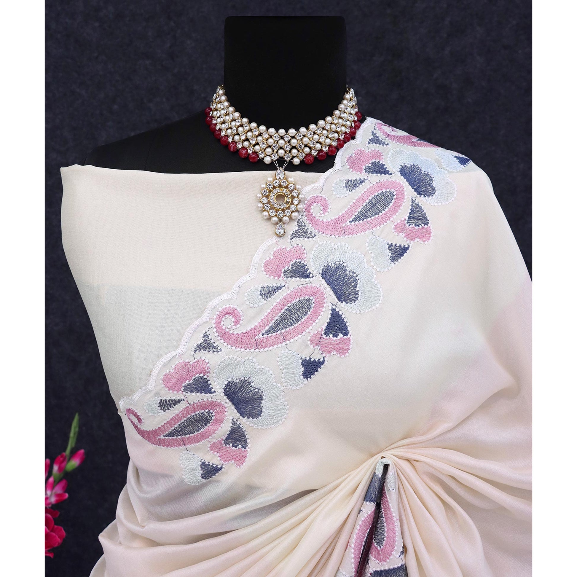 Cream Floral Embroidered Vichitra Silk Saree