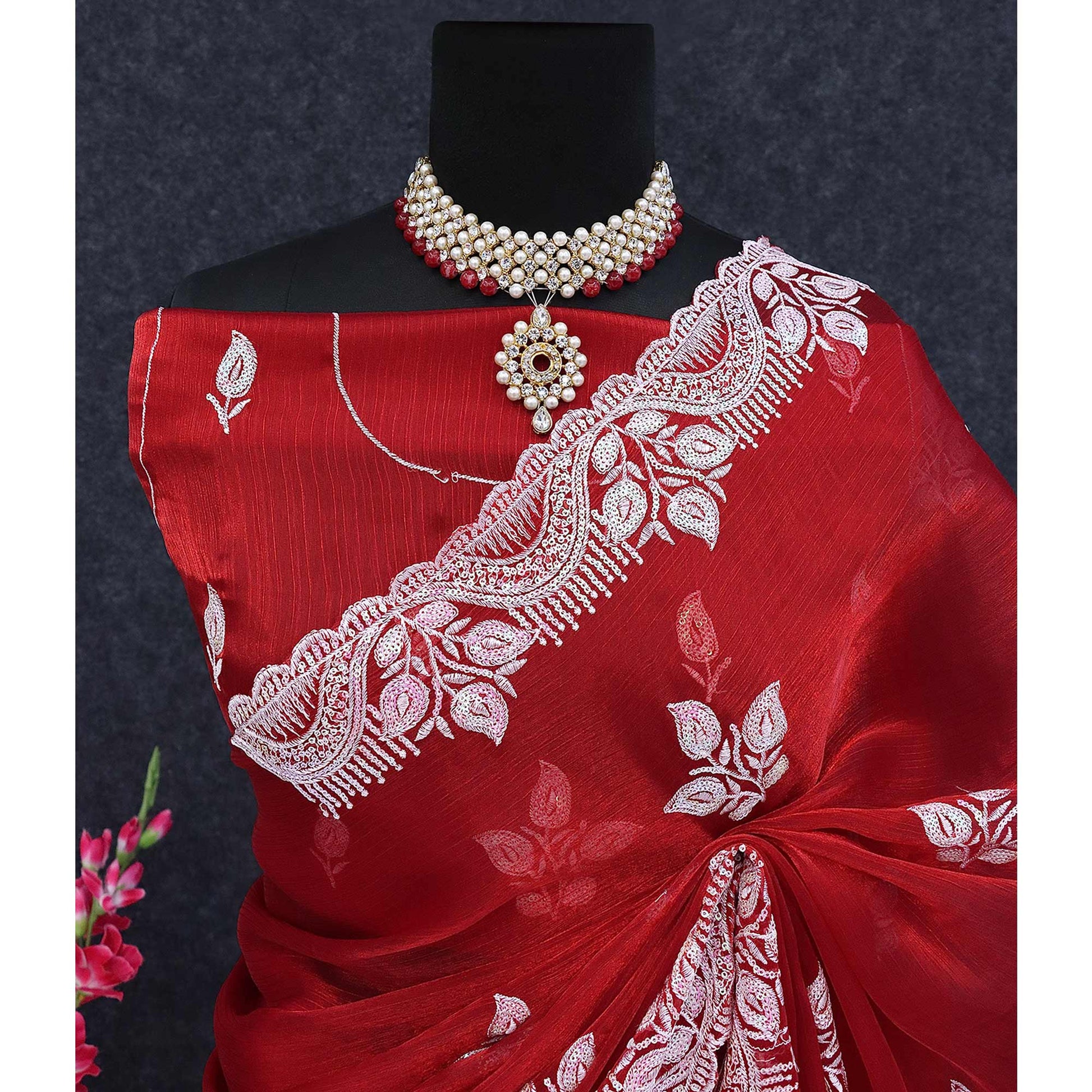 Maroon Sequins Embroidered Chiffon Saree