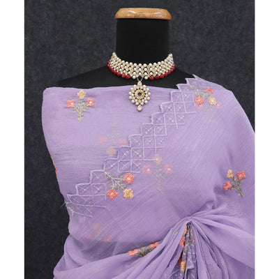 Lavender Floral Sequins Embroidered Art Silk Crush Saree