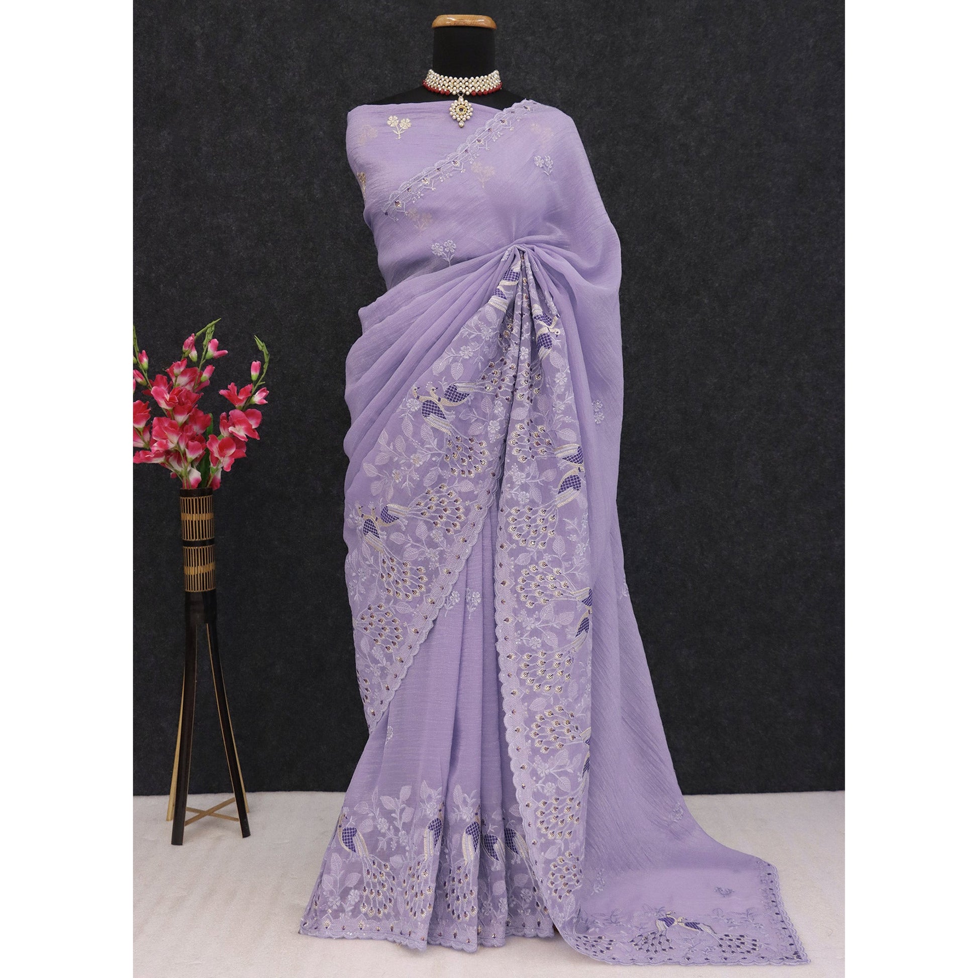 Light Lavender Floral Sequins Embroidered Art Silk Crush Saree