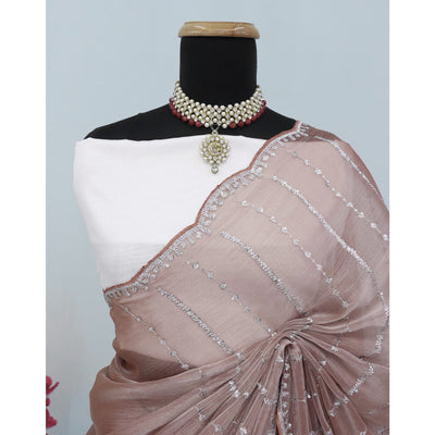 Brown Sequins Work Embroidered Chiffon Saree