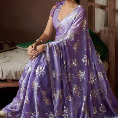 Lavender Floral Foil Printed Satin Silk Saree With Zarkan Border