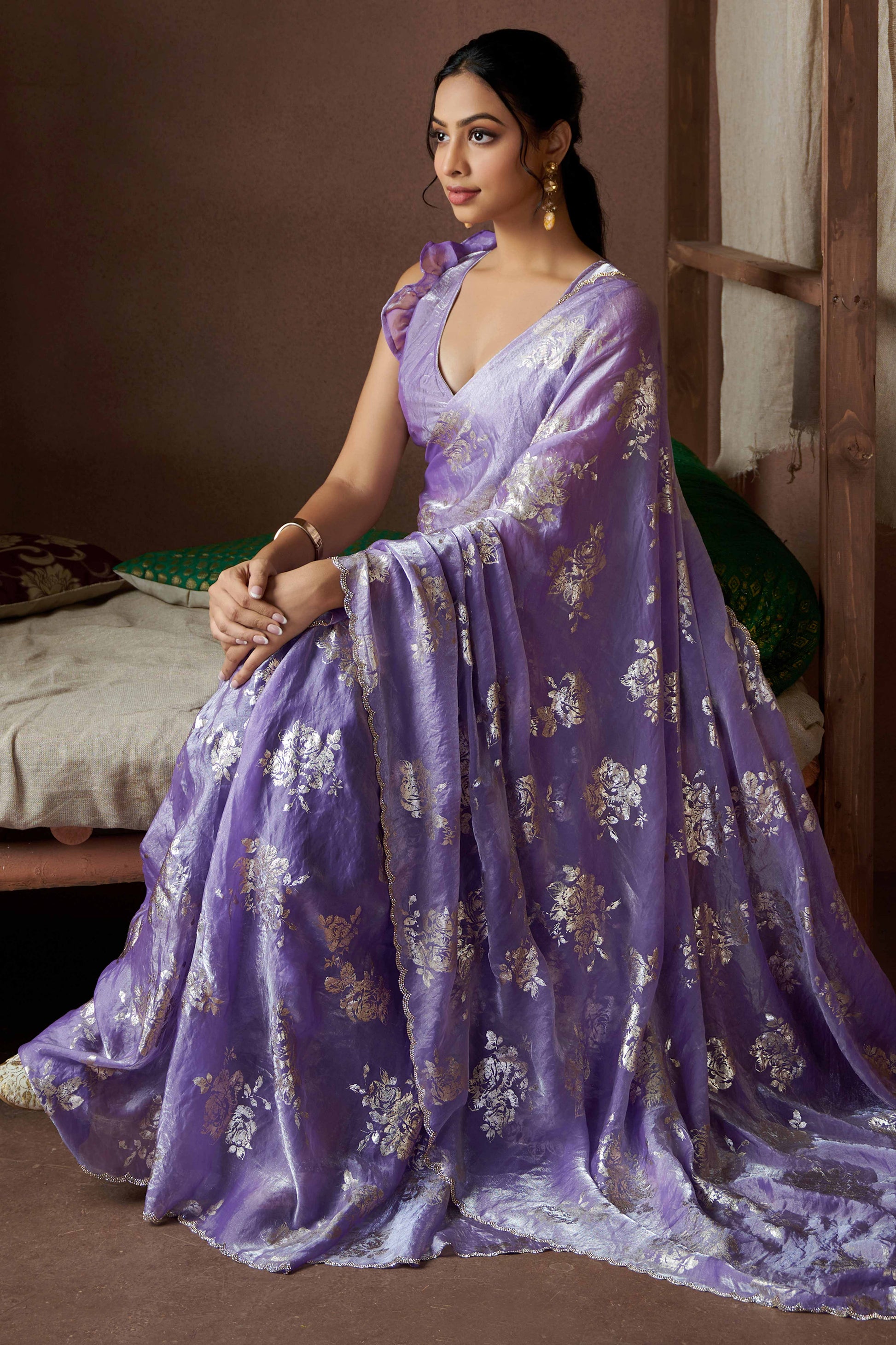 Lavender Floral Foil Printed Satin Silk Saree With Zarkan Border