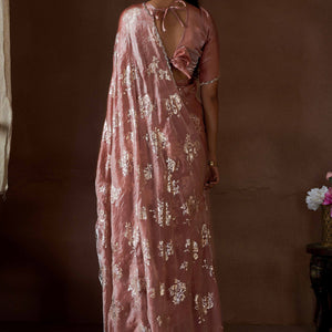 Dusty Rose Pink Floral Foil Printed Satin Silk Saree With Zarkan Border