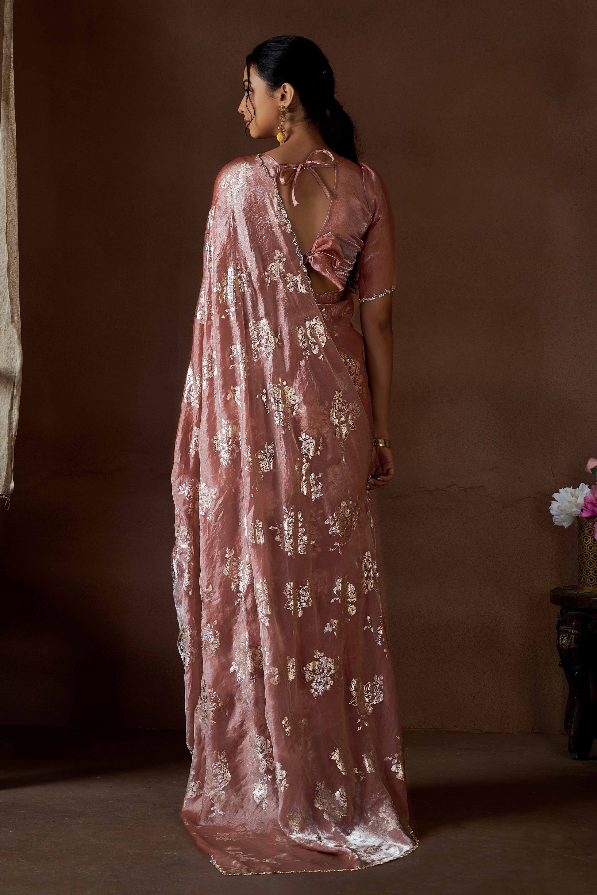 Dusty Rose Pink Floral Foil Printed Satin Silk Saree With Zarkan Border