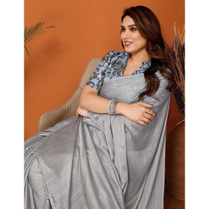 Grey Woven Satin Saree With Tassels