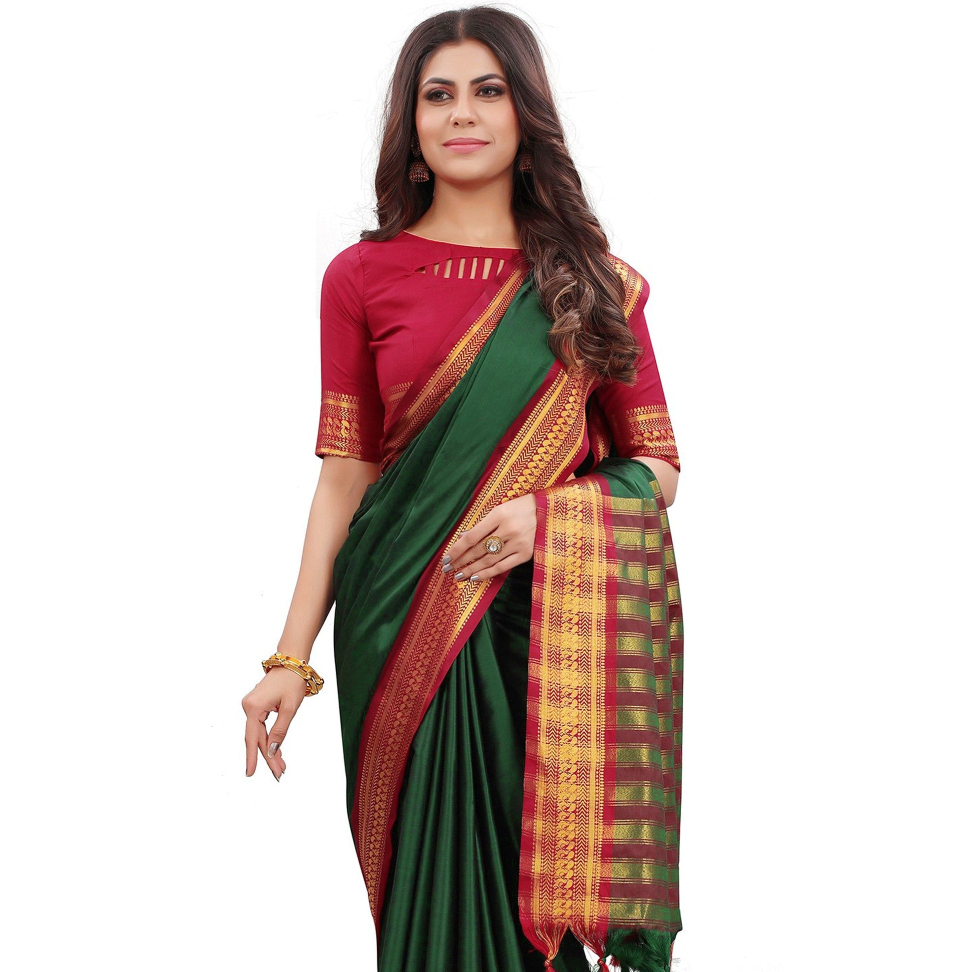 Bottle Green Solid Cotton Silk Saree With Jacquard Border
