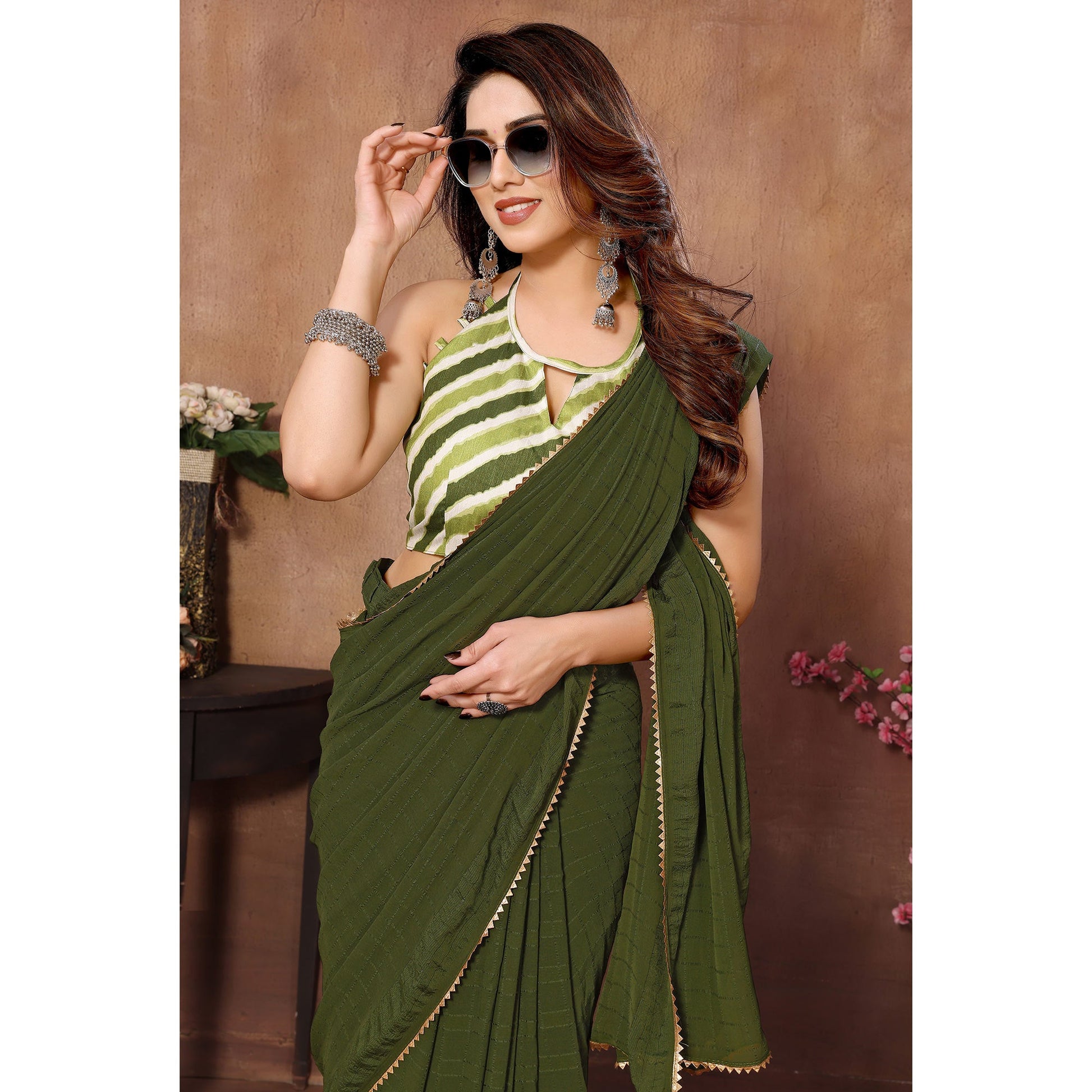 green-woven-checks-ready-to-wear-georgette-saree