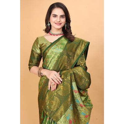 green-floral-woven-tissue-silk-saree-with-tassels