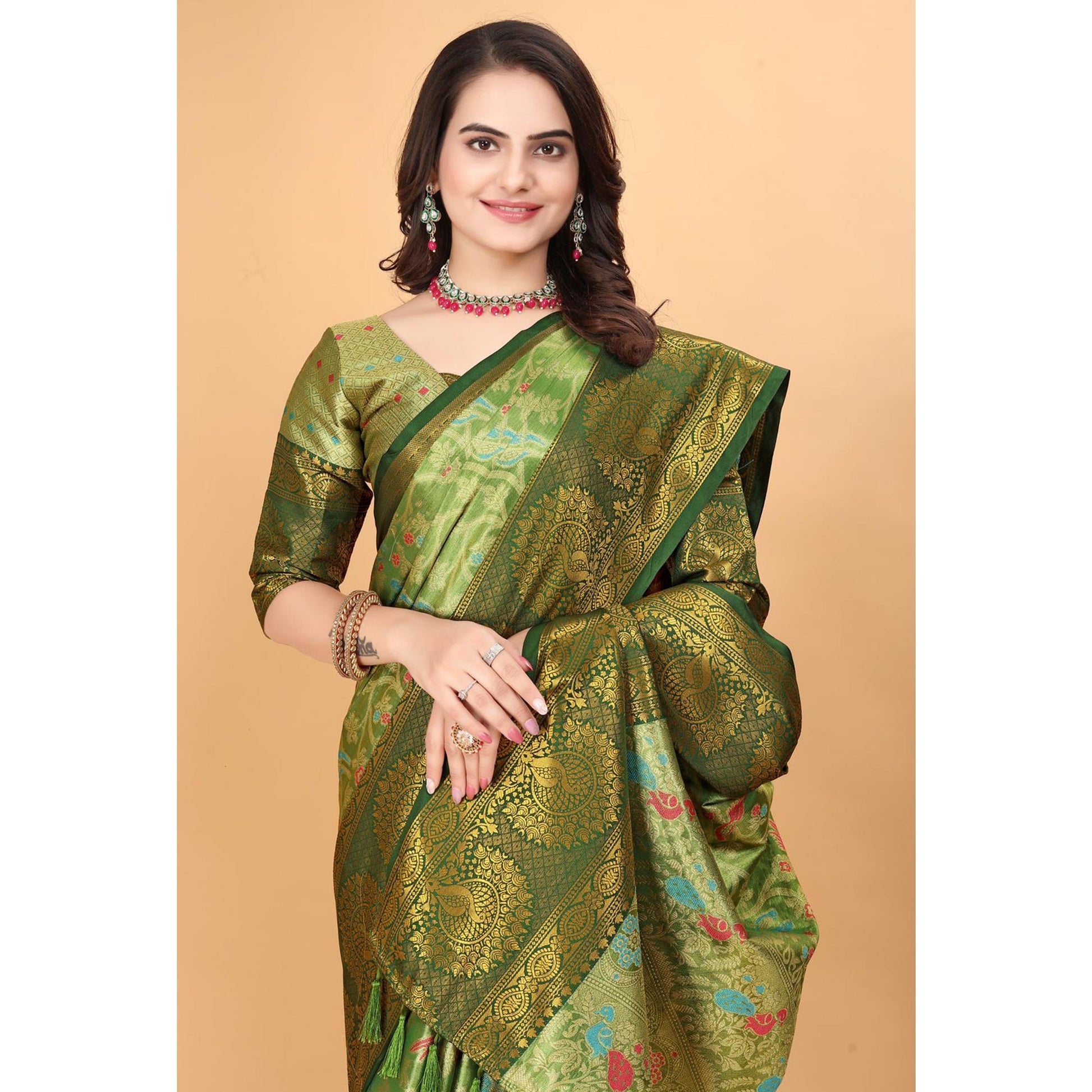 green-floral-woven-tissue-silk-saree-with-tassels