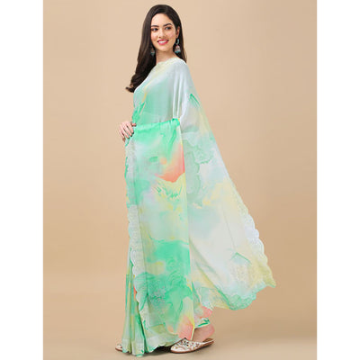 Light Green Printed With Swarovski Work Chiffon Saree