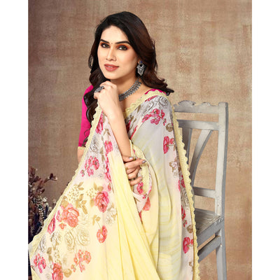 Light Yellow Floral Printed Georgette Saree With Lace Border
