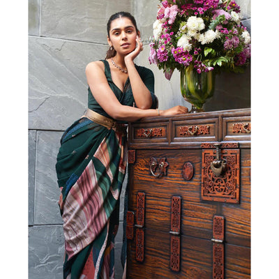 Bottle Green Digital Printed Chinon Saree