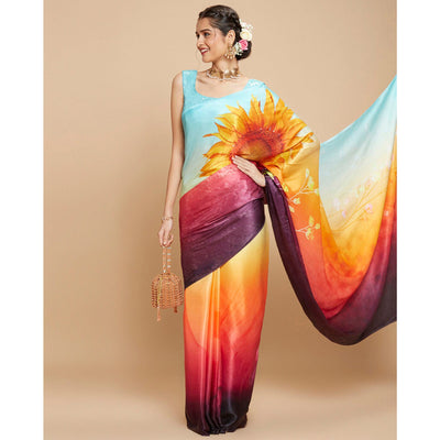 Multicolor Digital Printed Chinon Silk Saree