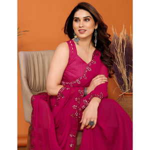 Dark Pink Embellished Georgette Saree With Mirror Work