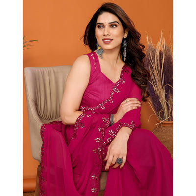 Dark Pink Embellished Georgette Saree With Mirror Work