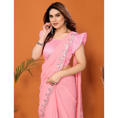 Light Pink Embellished Georgette Saree With Mirror Work
