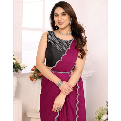 Magenta Solid Chiffon Saree With Stone Work Border