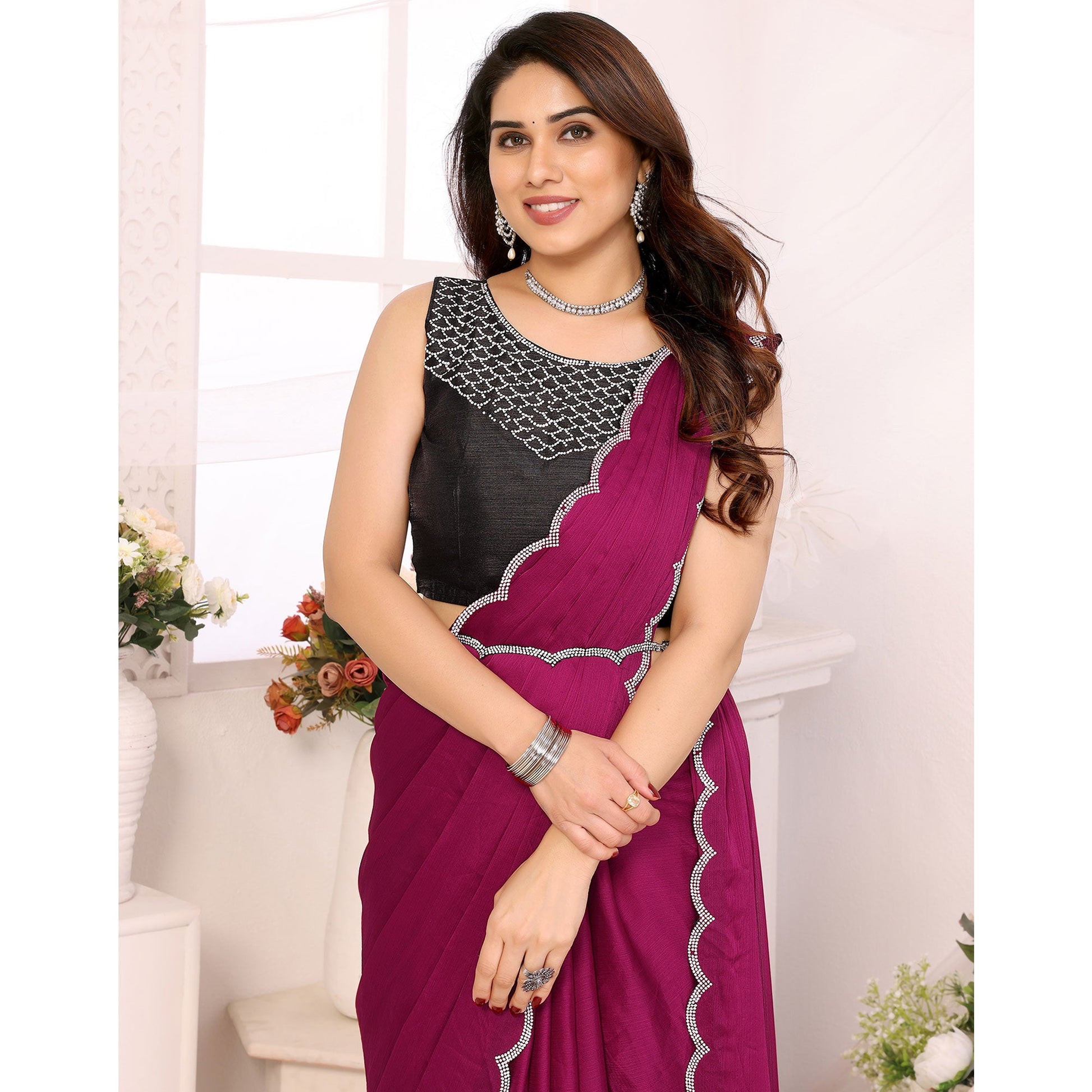 Magenta Solid Chiffon Saree With Stone Work Border
