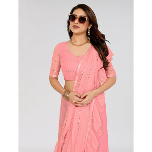 Light Pink Embroidered Georgette Ruffle Saree
