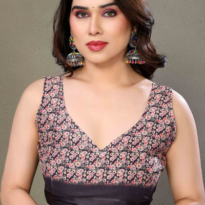 Brown Floral Printed Chiffon Saree