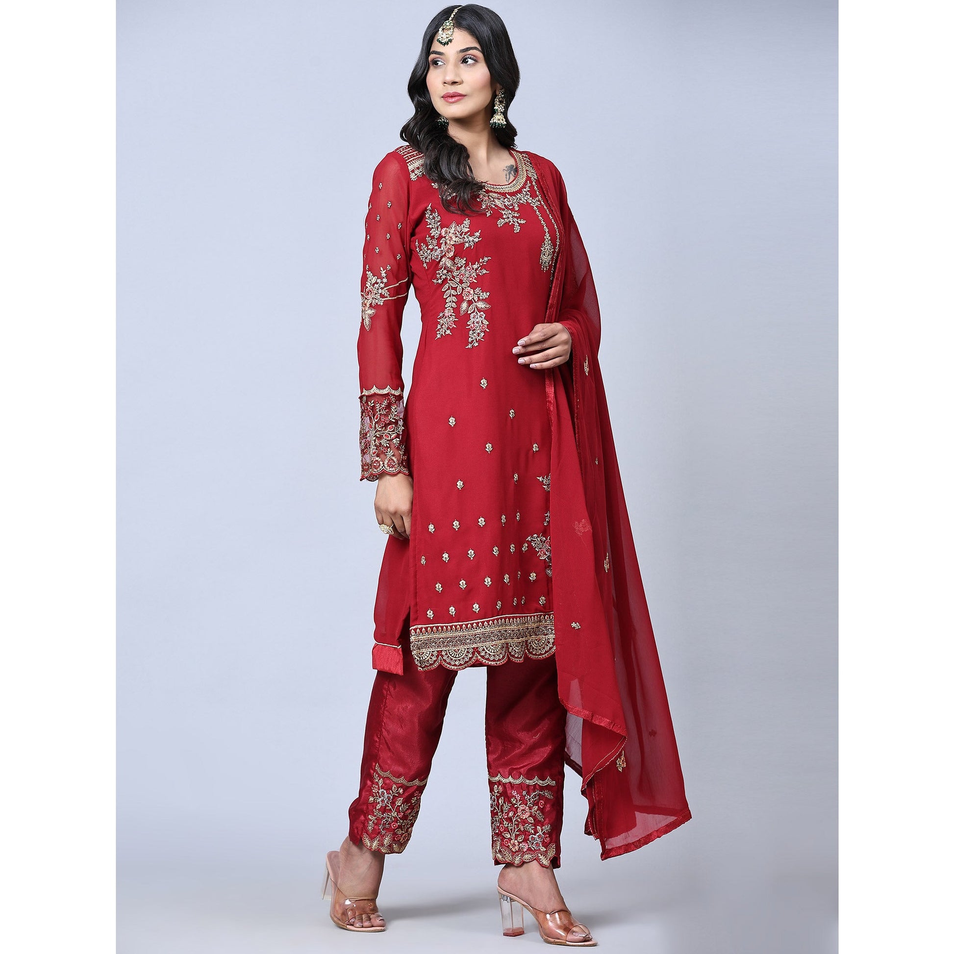 Maroon Embroidered Gerorgette Straight Partywear Suit