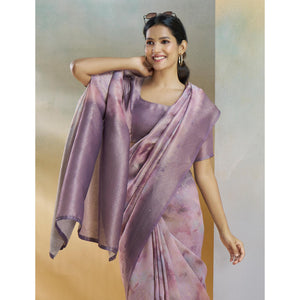 Lavender Woven With Digital Printed Linen Saree