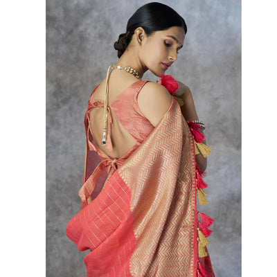 Gajari Pink Woven Cotton Silk Saree With Tassels