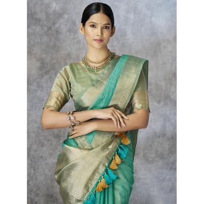 Turquoise Woven Cotton Silk Saree With Tassels