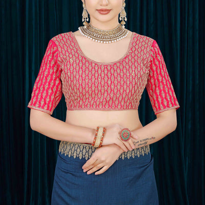 Blue Solid With Zari Embroidered Vichitra Silk Saree