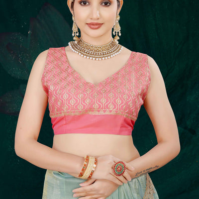 Blue Solid With Swarovski Work Tissue Gold Crush Saree