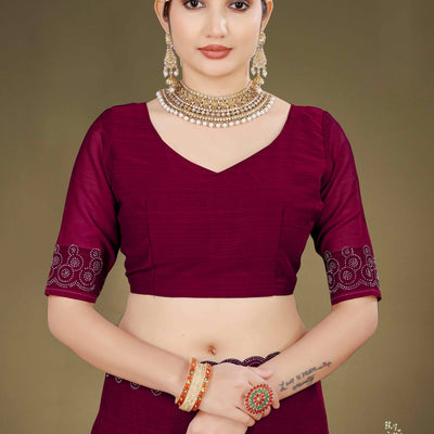 Maroon Solid With Swarovski Work Chiffon Saree