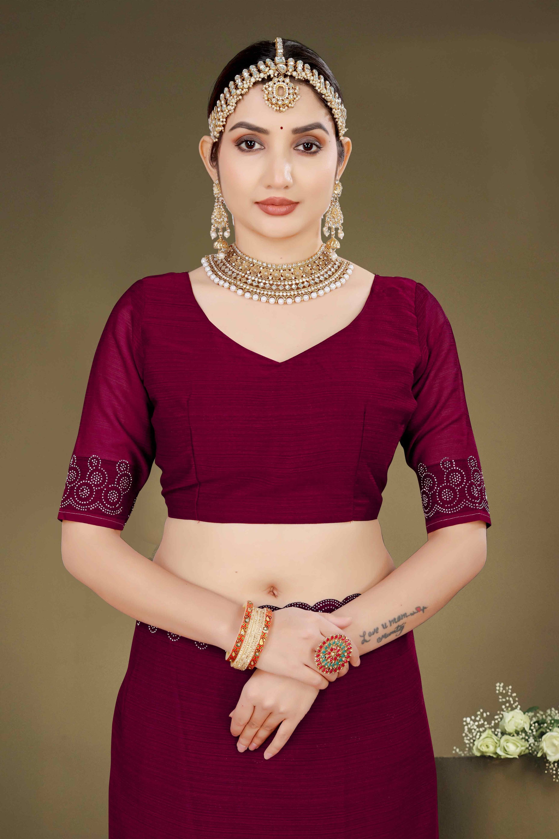Maroon Solid With Swarovski Work Chiffon Saree