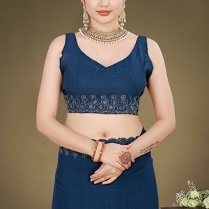 Blue Solid With Swarovski Work Chiffon Saree