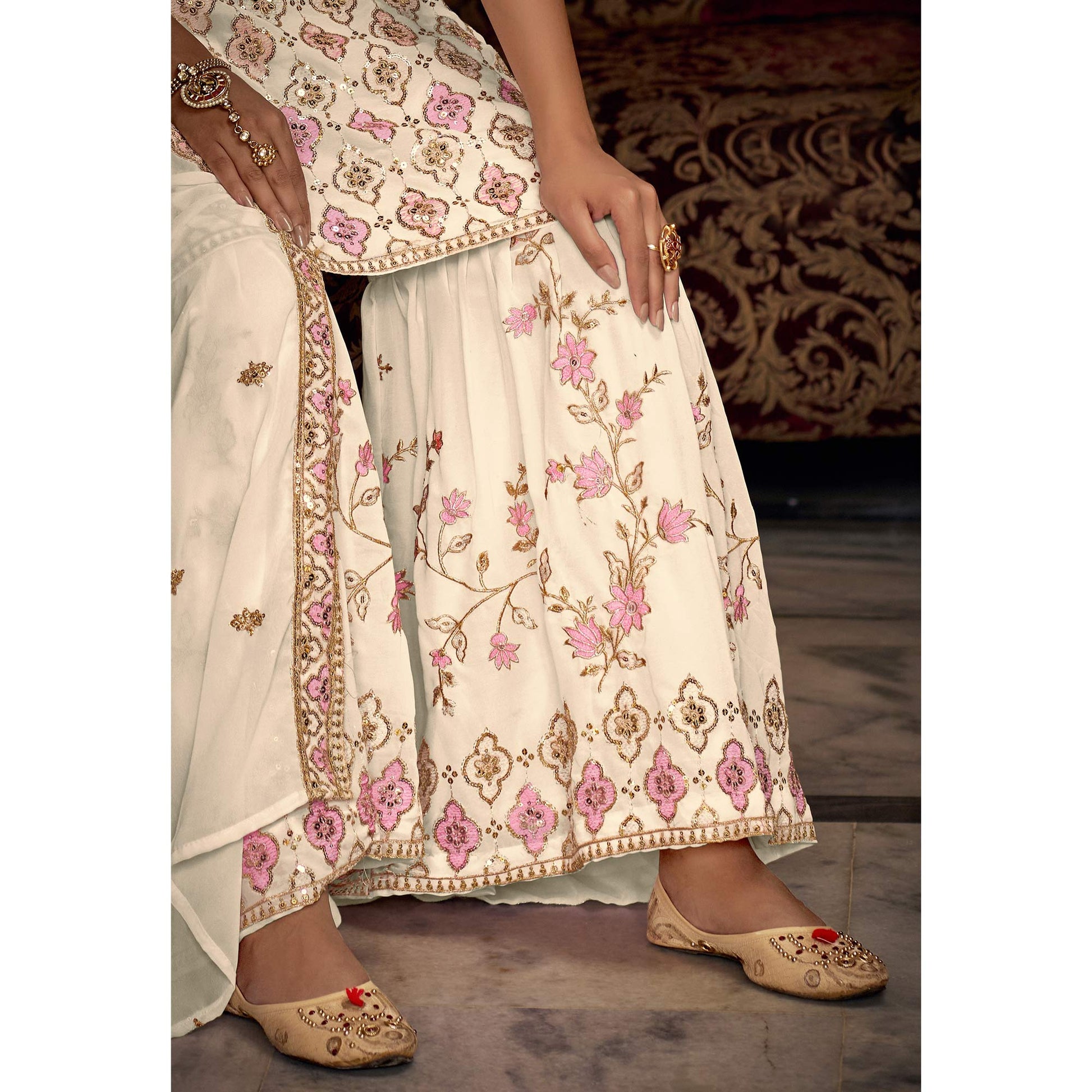 Cream Sequins Embroidered Georgette Semi Stitched Suit