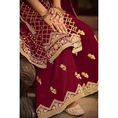 Maroon Sequins Embroidered Chinon Semi Stitched Suit