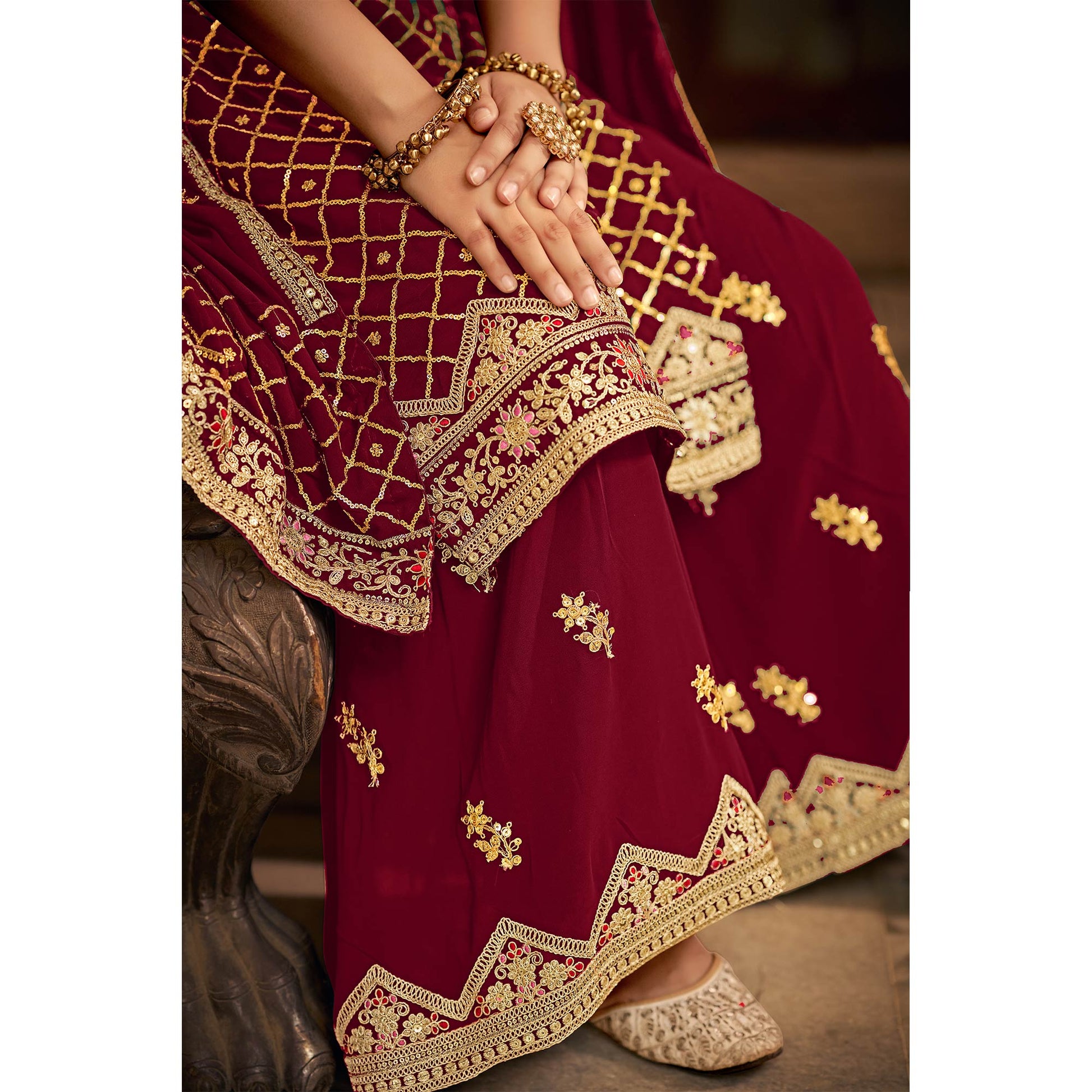 Maroon Sequins Embroidered Chinon Semi Stitched Suit