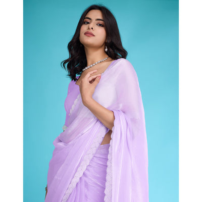 Lavender Solid With Zarkan & Ceramic Pearl Diamond Lace Tissue Saree