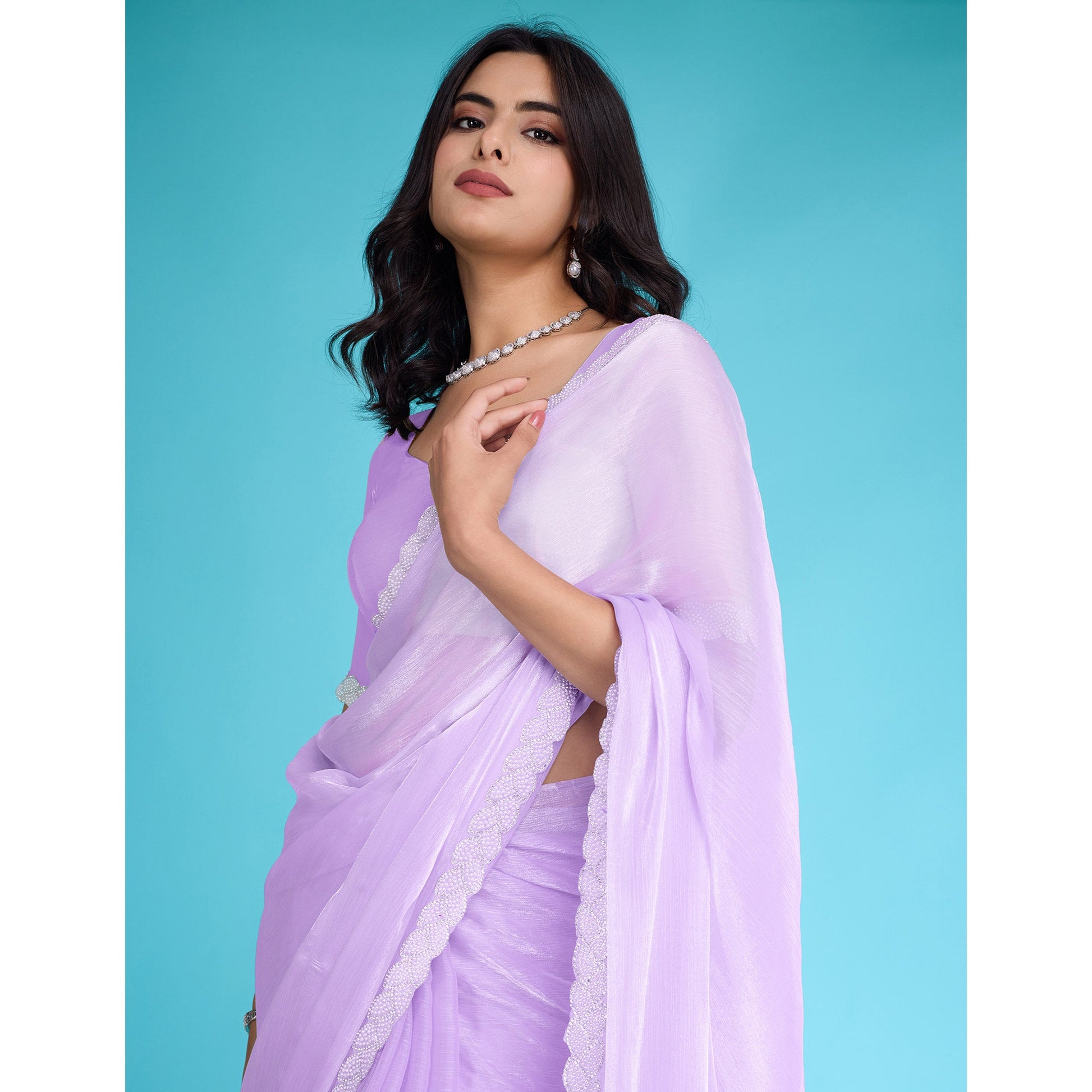 Lavender Solid With Zarkan & Ceramic Pearl Diamond Lace Tissue Saree