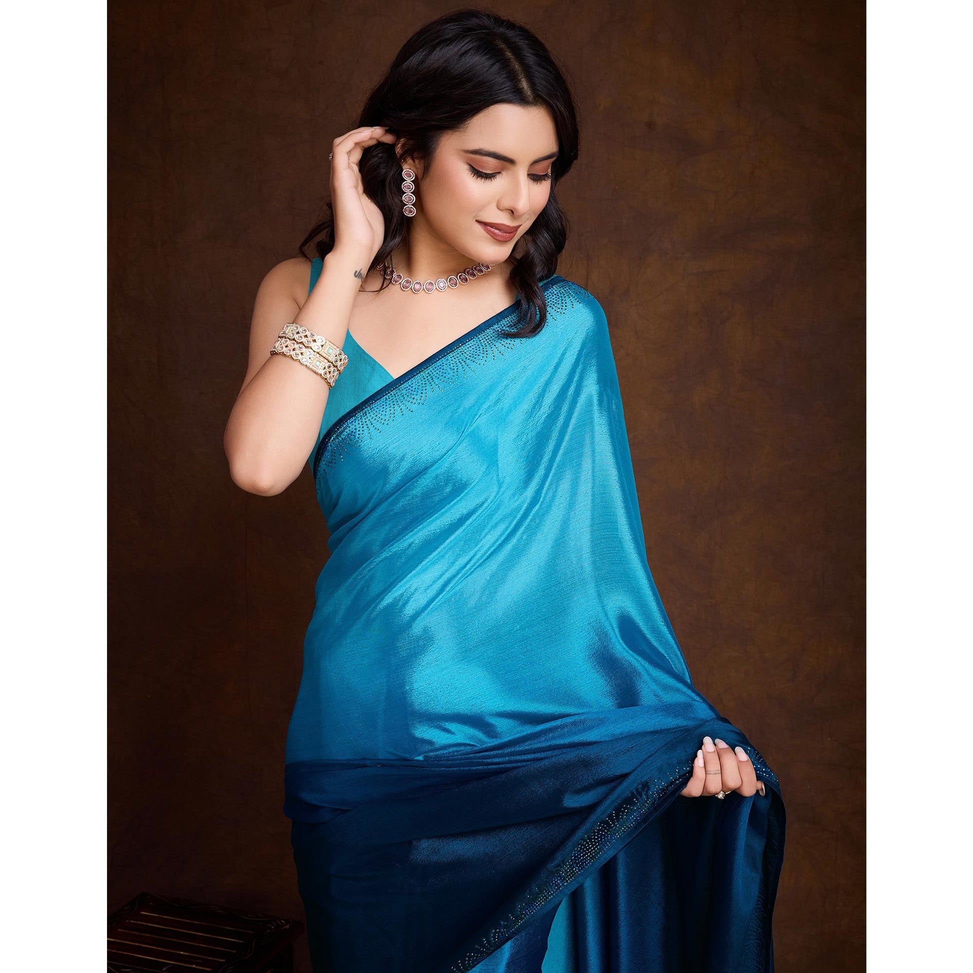 Blue Swarovski Border Work Chinon Ombre Saree