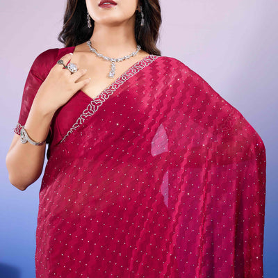 Cherry Red Diamond Zarkan Handwork Satin Chiffon Saree