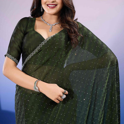 Bottle Green Diamond Zarkan Handwork Satin Chiffon Saree