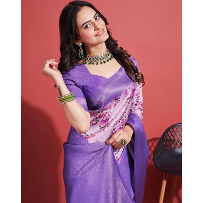 Lavender Floral Digital Printed With Woven Banarasi Silk Saree