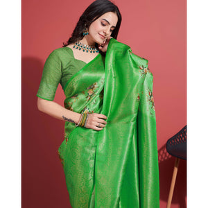 green-floral-digital-printed-with-woven-banarasi-silk-saree