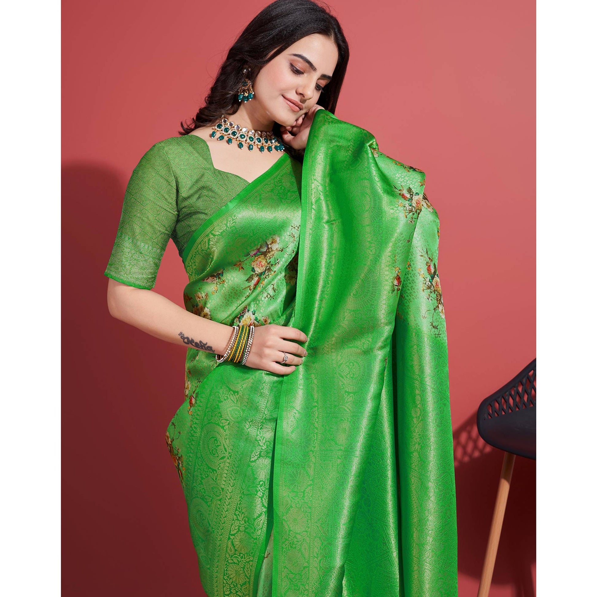green-floral-digital-printed-with-woven-banarasi-silk-saree