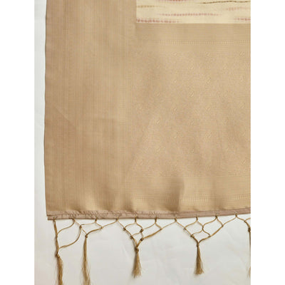 Chikoo Woven With Digital Printed Banarasi Silk Saree