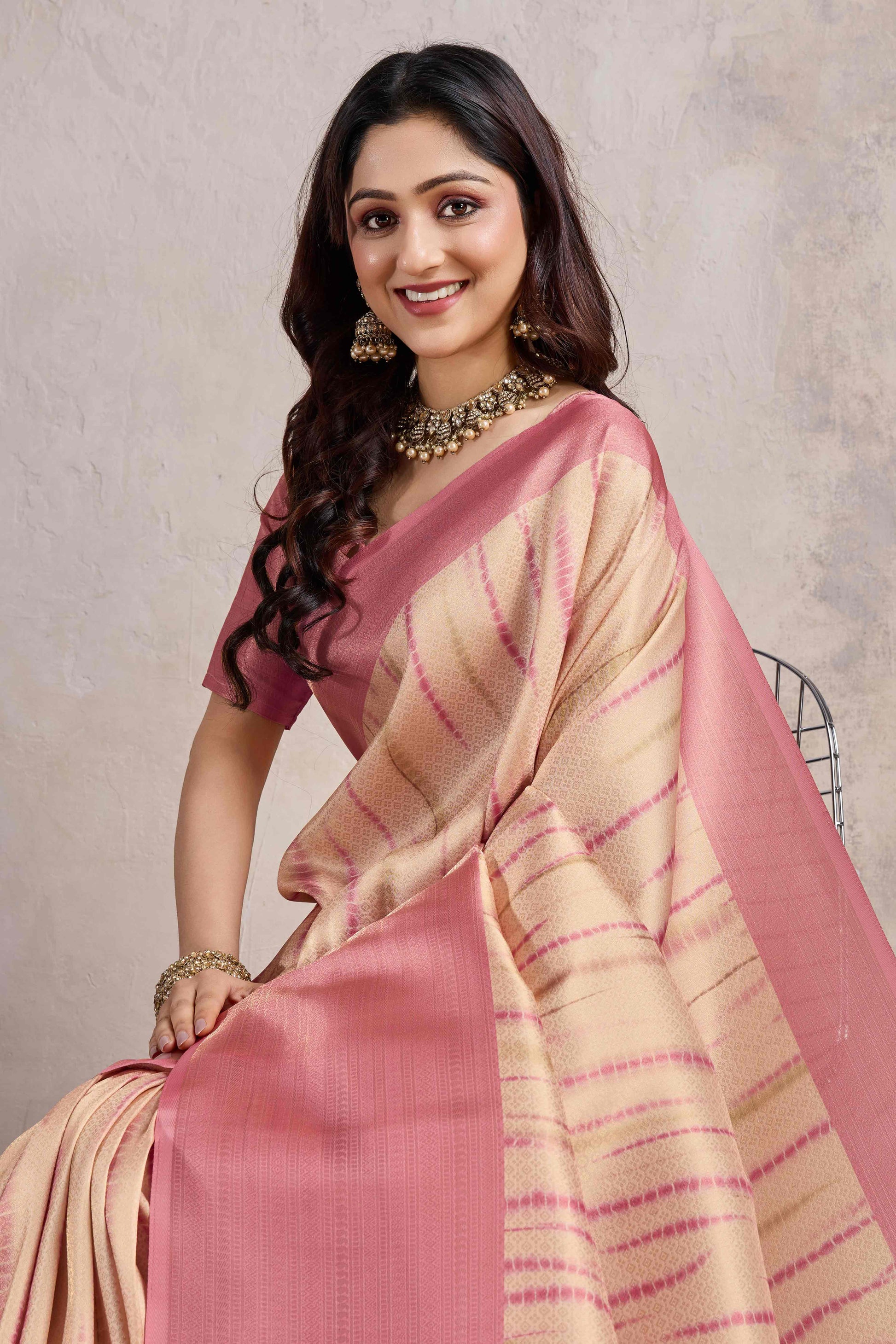 Gajari Pink Woven With Digital Printed Banarasi Silk Saree