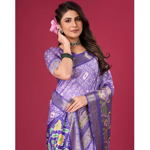 Lavender Digital Patola Printed With Woven Border Dola Silk Saree